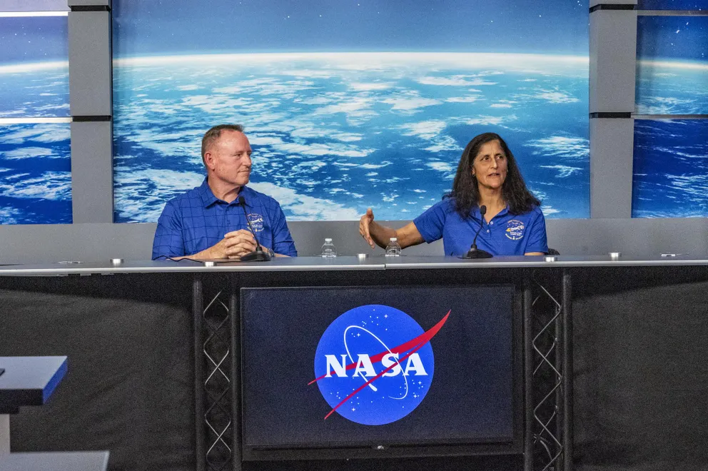 The two NASA astronauts respond to questions during a media briefing in March 2024 | Source: Getty Images